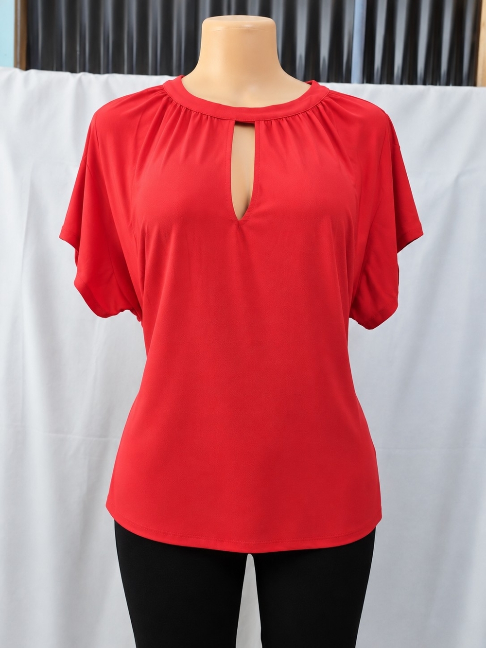 Halogen Red Keyhole Neck Blouse with Flutter Sleeves